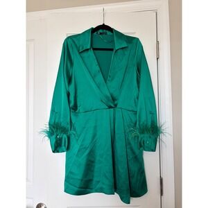 Zara Green Satin Feather Trim Mini Wrap Dress Emerald Long Sleeve Large